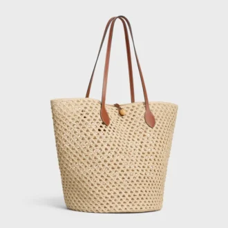 Bolso Bucket Triomphe Beads Basket en rafia y piel de becerro