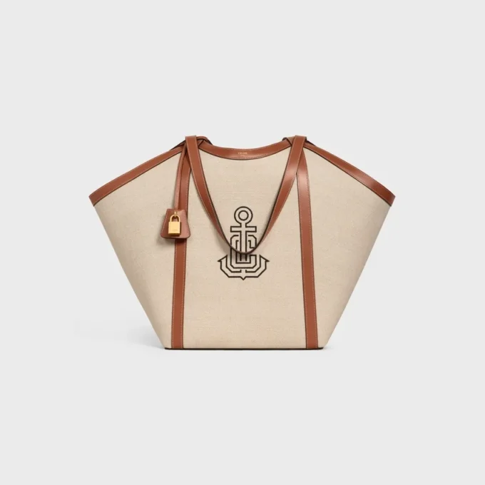 Bolso Cabas grande de tejido con bordado de ancla y piel de becerro
