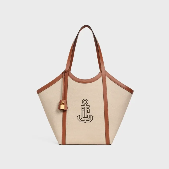Bolso Cabas grande de tejido con bordado de ancla y piel de becerro