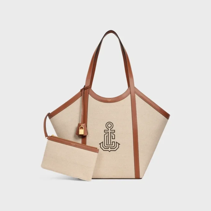 Bolso Cabas grande de tejido con bordado de ancla y piel de becerro
