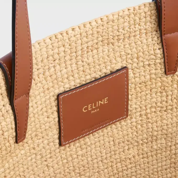 Bolso CELINE Classic Panier mediano y flexible en rafia y piel de becerro