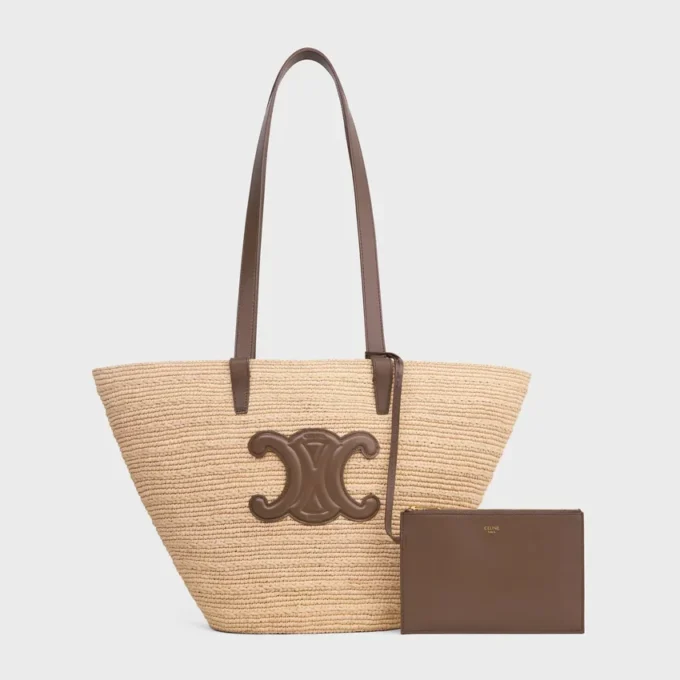 Bolso CELINE Classic Panier mediano y flexible en rafia y piel de becerro