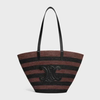 Bolso Couffin CELINE Classic Panier en rafia rayada y piel de becerro