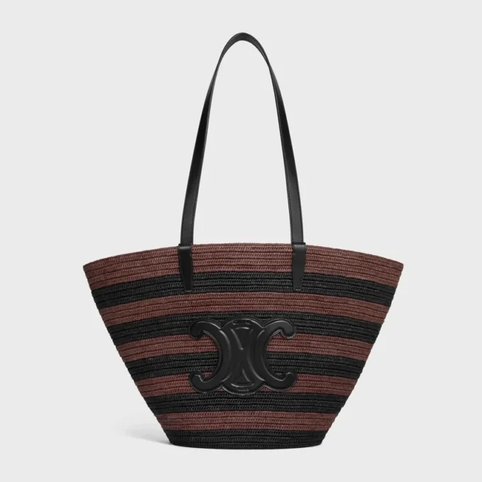 Bolso Couffin CELINE Classic Panier en rafia rayada y piel de becerro Bolso Couffin CELINE Classic Panier en rafia rayada y piel de becerro