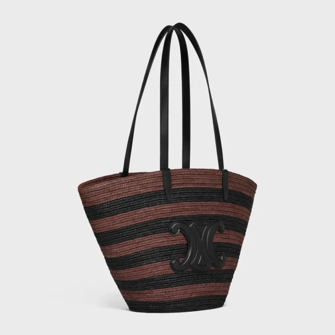Bolso Couffin CELINE Classic Panier en rafia rayada y piel de becerro Bolso Couffin CELINE Classic Panier en rafia rayada y piel de becerro