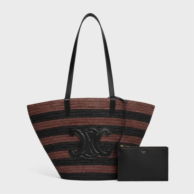 Bolso Couffin CELINE Classic Panier en rafia rayada y piel de becerro Bolso Couffin CELINE Classic Panier en rafia rayada y piel de becerro