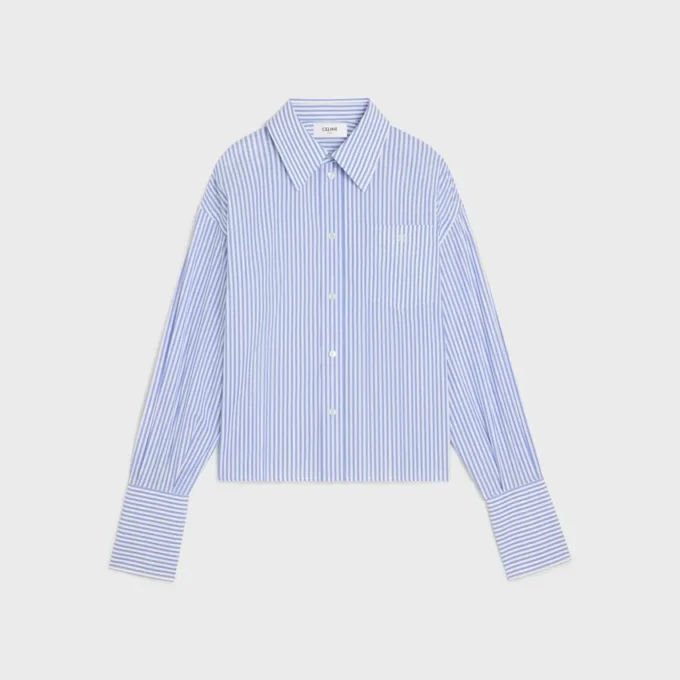 Camisa corta de popelín de algodón a rayas Camisa corta de popelín de algodón a rayas