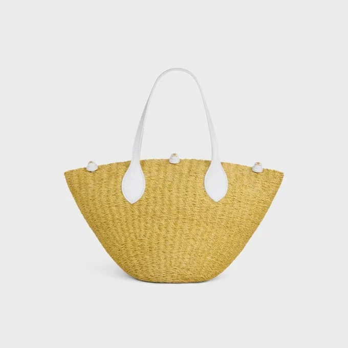 Cesta pequeña «Triomphe» con cuentas, de sisal y piel de becerro