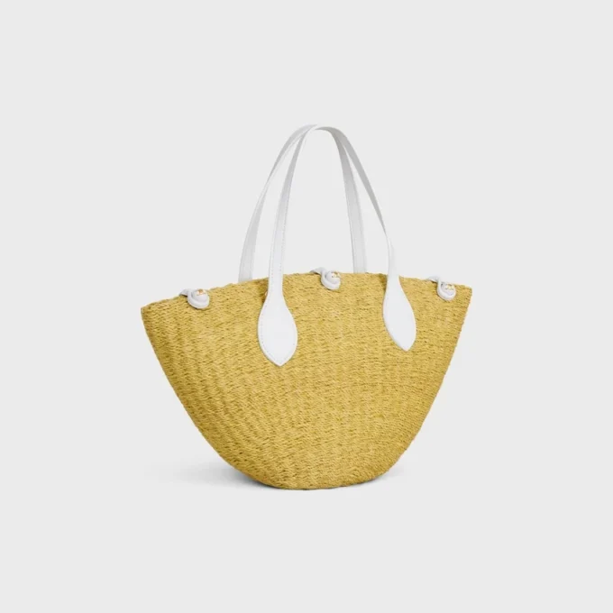 Cesta pequeña «Triomphe» con cuentas, de sisal y piel de becerro