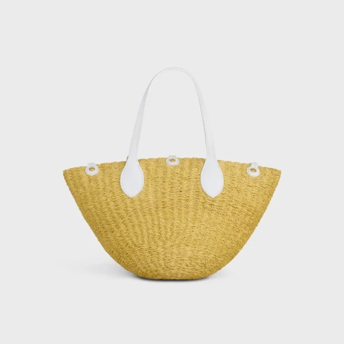 Cesta pequeña «Triomphe» con cuentas, de sisal y piel de becerro
