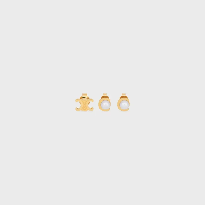 Les Perles CELINE: juego de 3 aretes de perlas de resina y latón con acabado dorado Les Perles CELINE: juego de 3 aretes de perlas de resina y latón con acabado dorado