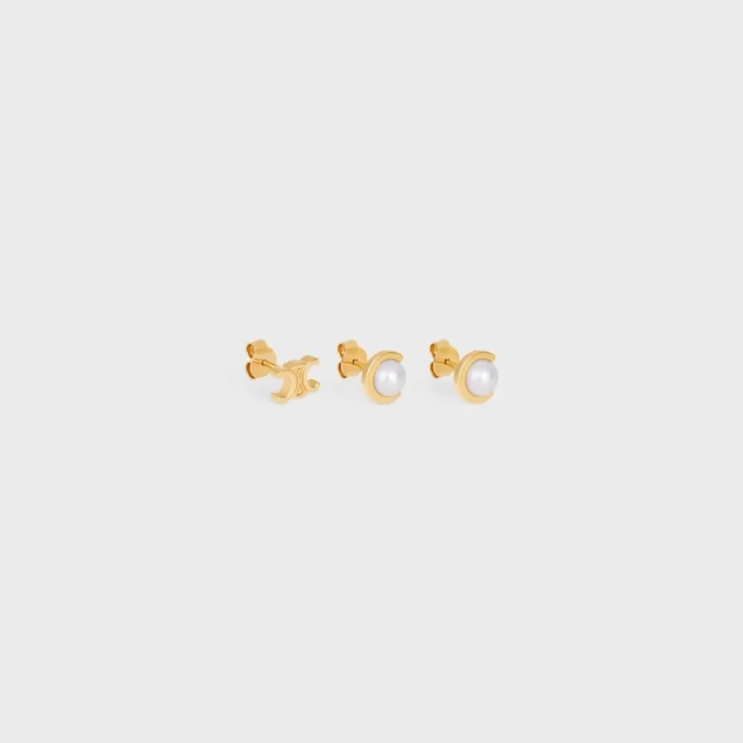 Les Perles CELINE: juego de 3 aretes de perlas de resina y latón con acabado dorado Les Perles CELINE: juego de 3 aretes de perlas de resina y latón con acabado dorado