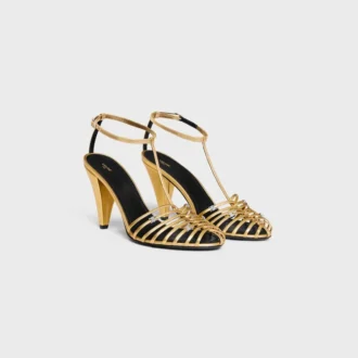 Sandalia con tacón de jaula en piel de cordero laminada