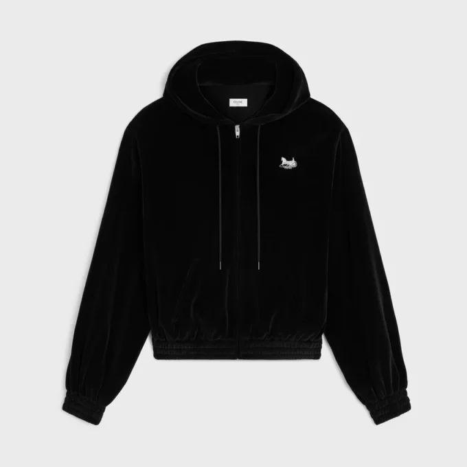 Sudadera holgada con capucha y cremallera en jersey de terciopelo Sudadera holgada con capucha y cremallera en jersey de terciopelo