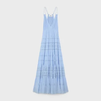 Vestido largo bordado en crepón de algodón y seda