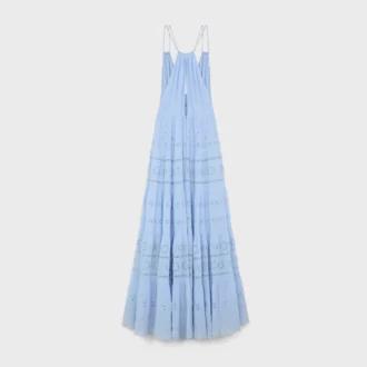 Vestido largo bordado en crepón de algodón y seda